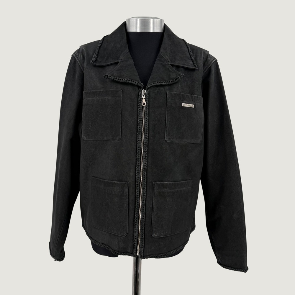 Harley-Davidson Womens XL Black Leather Whipstitch Braid Zip Up Jacket Coat